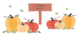 cartoon of 3 pumpkins each surrounded by autumn colored leaves