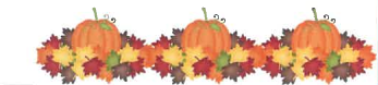 cartoon of 3 pumpkins each surrounded by autumn colored leaves